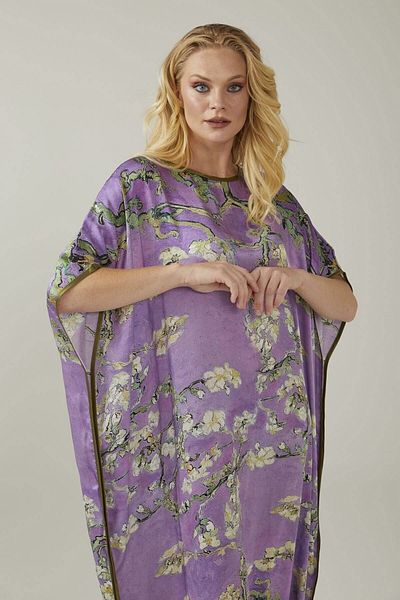 Deriderim Purple Almond Blossoms Print Unlined Summer Satin Women's Silk Dress