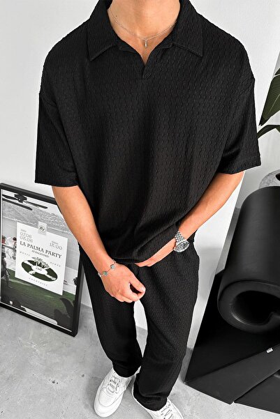 HAFKAGİYİM Μαύρο μπλουζάκι με πλεκτό σχέδιο με χαλαρό γιακά πόλο