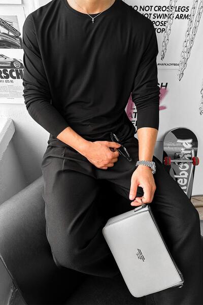 HAFKAGİYİM Μαύρο Basic Soft Lycra Relax Fit μακρυμάνικο μπλουζάκι