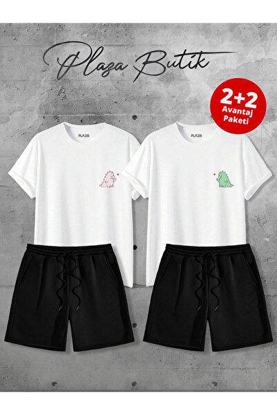 Plaza Butik Dino Printed Unisex Double Lover Combination Shorts Tshirt (Two Shorts, Two T-Shirts Advantageous Package)
