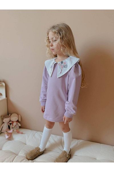 ARBİ kids Girl's Scallop Collar Full Fit Two Thread Lycra Dress Eid