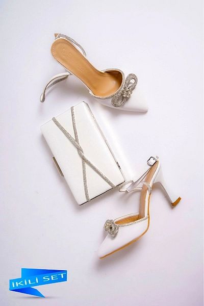 Moda Değirmeni White Skin Women's Stoned Bow Evening Dress Shoes and Evening Bag Set BG1112-121-0002
