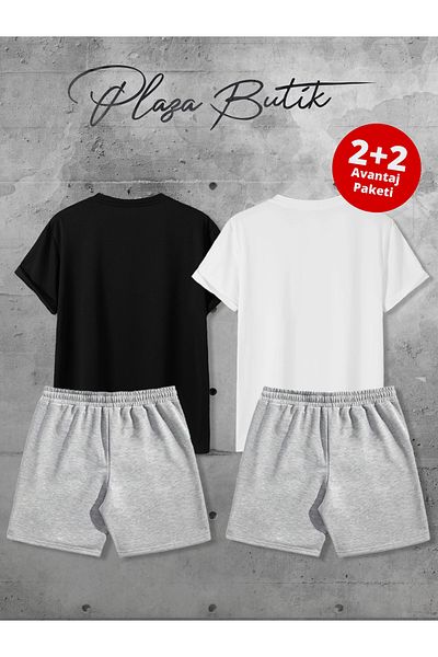 Plaza Butik Dino Printed Unisex Double Lover Combination Shorts Tshirt (Two Shorts, Two T-Shirts Advantageous Package)