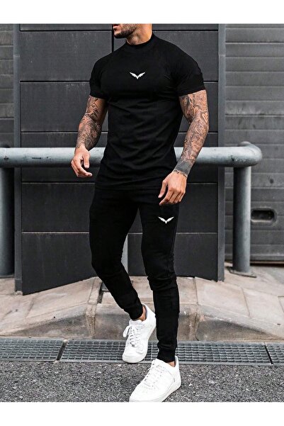 PAVRO طقم بدلة رياضية كبيرة الحجم - تي شيرت مطبوع عليه نسر صغير