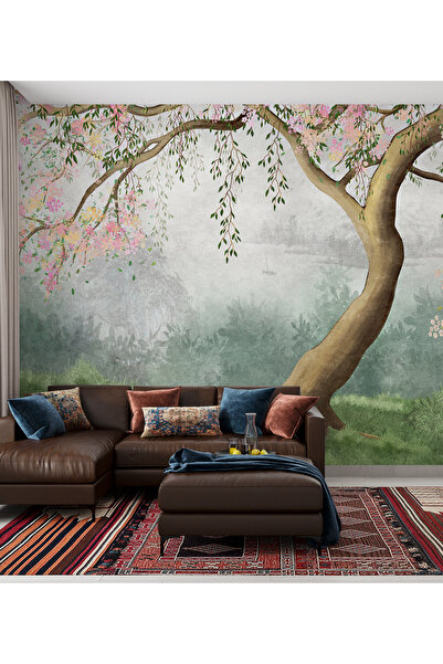 dreamwall Sulu Boya Çalışması Pembe Çiçekli Ağaç Desenli Tekstil Duvar Kağıdı