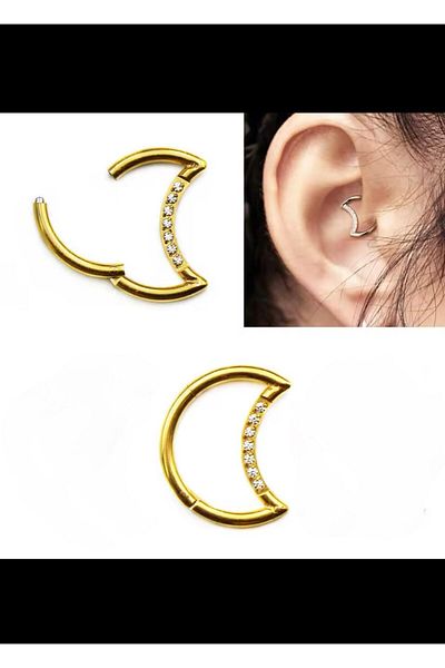 Arescollection Titanium Zircon Stone Moon Shaped Daith Septum Compatible Piercing 1 Piece