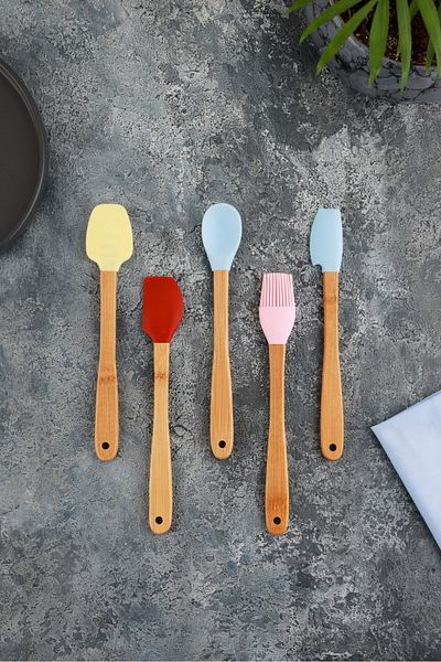 BKC HOME 5 Piece Mini Bamboo Handle Spatula Spoon Brush Set