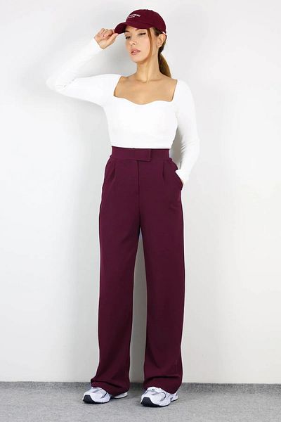LOS FECHKA Claret Red Palazzo Trousers - Women's Trousers with Lycra and Velcro Closure Detail