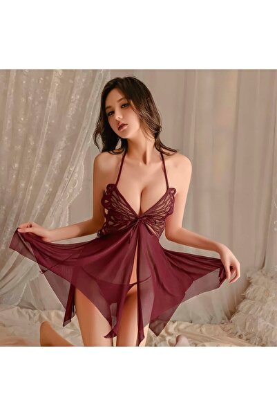 MODA CNG Kelebek Aplike Asimetrik Etek Ucu File Askılı Pijama Gecelik