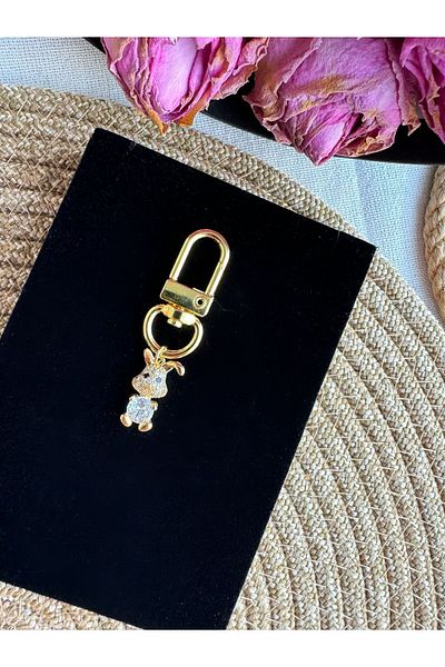PEONY - peonyofficiall Clip-On Rabbit Gold Plated Zircon Stone Detailed Wallet Ornament Charm Bag Ornament Keychain