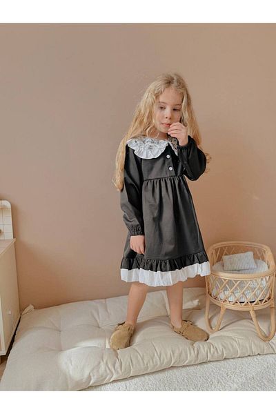 ARBİ kids Girl's Black Cotton Satin Scallop Collar Inner Lined Stylish Dress for Eid