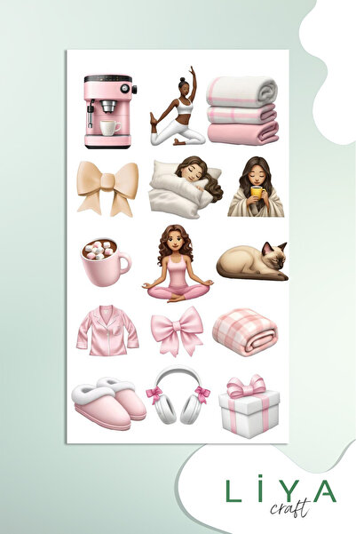 LiyaCraft Pembe Sticker Set Sevimli Coffe Pink Yoga Set  Ajanda Bullet Journa...