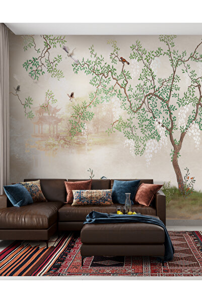 dreamwall Sulu Boya Göl Ve Ağaç Desen Yırtılmaz Sağlıklı Tekstil Duvar Kağıdı