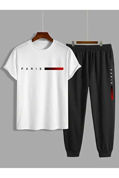 PAVRO Paris Printed Red Striped Tracksuit Set - Jogger Oversize T-Shirt