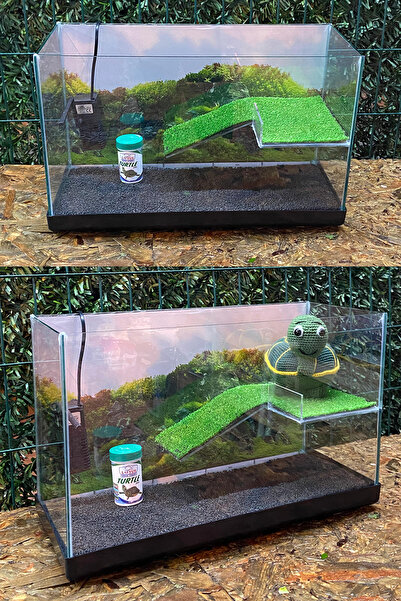 Fauna Pet Supplies Su Kaplumbağası Akvaryumu Bahçeli Rampalı Dinlenme Alanlı Full Cam Işık Motor Arkaplan Kum Yem