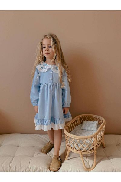 ARBİ kids Girl's Baby Blue Scallop Collar Cotton Satin Fabric Inner Lined Dress Eid