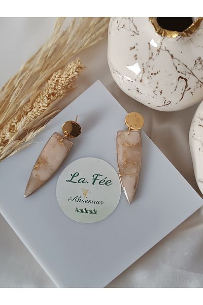 La fee aksesuar Marble Pattern Gold Detail Steel Earrings Apparatus Polymer Clay Women's Earrings Handmade Custom Design