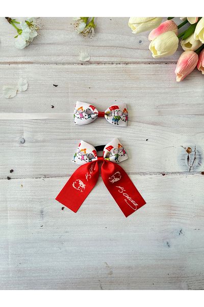 Melo 23 April Children's and Ataturk Pattern Ribbon Buckle and Boy's Bow Tie Set