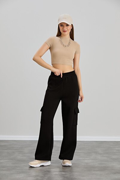 Sortie Women's High Waist Wide Leg Cargo Pocket Pack Black Color Sweatpants