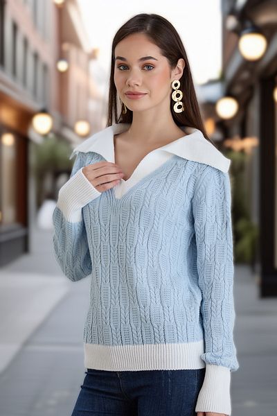 hanope Polo de damă cu decolteu în V, tricotat elegant, tricotat, tricotat, pulover albastru