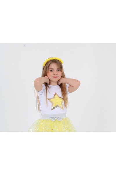 Dıgıl Kids Kız Çocuk Sarı Pullu Yıldızlı T-shirt 23 Nisan 29 Ekim 10 Kasım 19...
