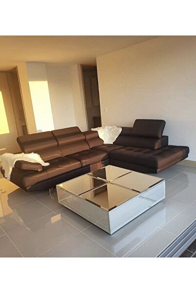 LUXURY VİLLA Gümüş Aynalı Tekerlekli Orta Sehpa 90x90 Yükseklik 30cm