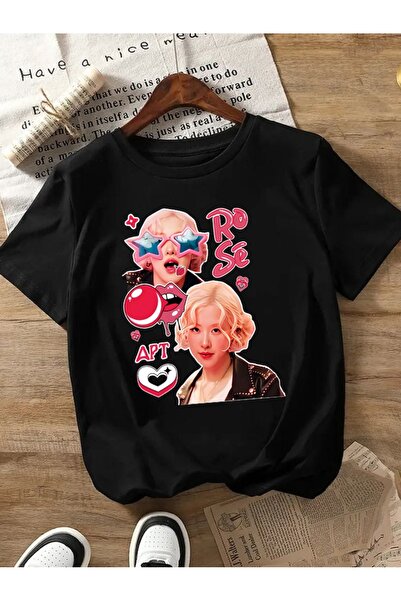 MECH BUTİK Tricou cu tricou alb-negru cu imprimeu Blackpink Rose Apt