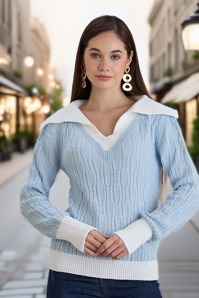 hanope Polo de damă cu decolteu în V, tricotat elegant, tricotat, tricotat, pulover albastru