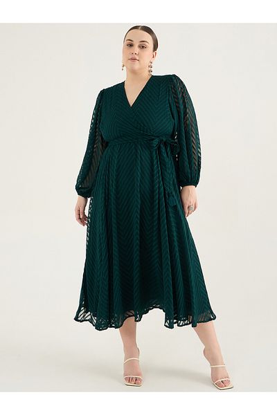 Femmella By Styli Plus Size Chevron Dobby V-Neck Wrap Midi Dress