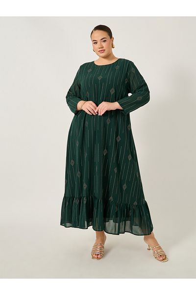Styli Plus Size Embellished Round Neck Ruffled Hem Jalabiya