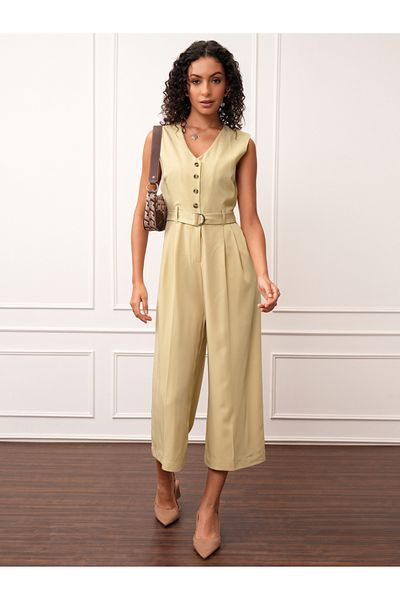 Tokyo Talkies By Styli Solid V-Neck Buttoned Culotte Leg Jumpsuit with Belt
