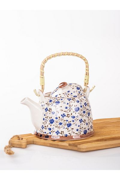 MUKKO HOME Wicker Handle Porcelain Teapot with Flower Pattern, 900ml Tea, Coffee, Herbal Tea Presentation
