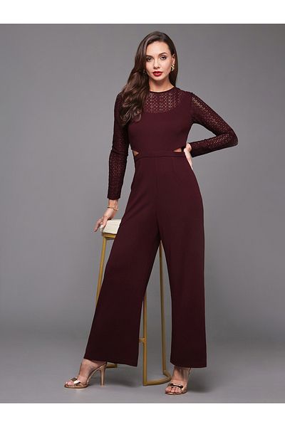 Styli Lace Insert Round Neck Wide Leg Jumpsuit with Cut-Out Detail