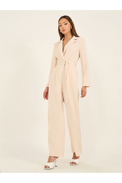 Styli Lapel Collar Straight Leg Jumpsuit with Belt