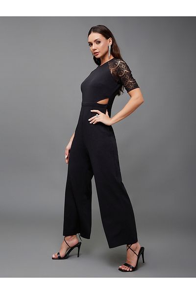 Styli Lace Insert Round Neck Wide Leg Jumpsuit with Cut-Out Detail