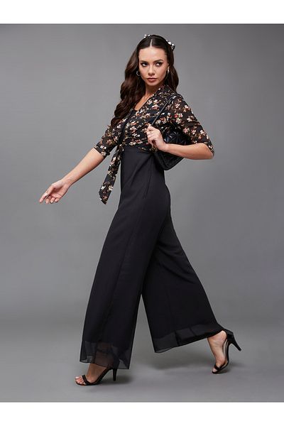 Styli Floral Print Round Neck Wide Leg Jumpsuit with Tie-Up Detail
