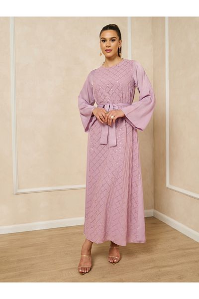 Styli Sequins Embellished Round Neck A-Line Jalabiya with Belt