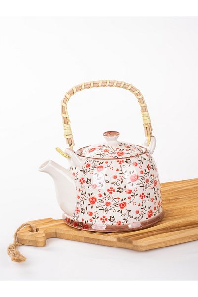 MUKKO HOME Wicker Handle Porcelain Teapot with Flower Pattern, 900ml Tea, Coffee, Herbal Tea Presentation