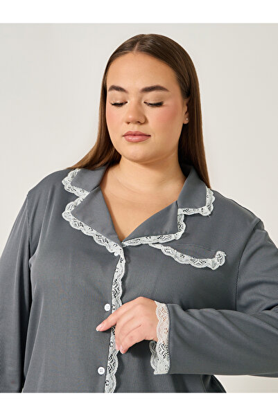 Styli Plus Size Rib Knit Lace Trim Shirt and Pyjama Set