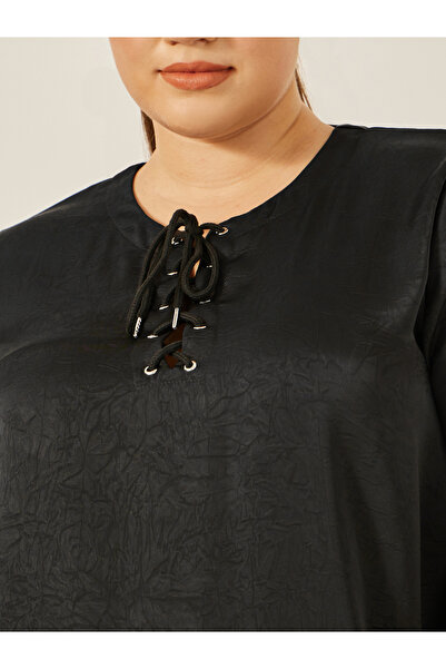 Styli Plus Size Satin Balloon Sleeve Tie-Up Detail Blouse