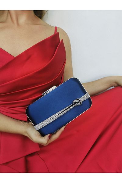 NAZART Geantă de seară clutch de damă din satin, albastru bleumarin