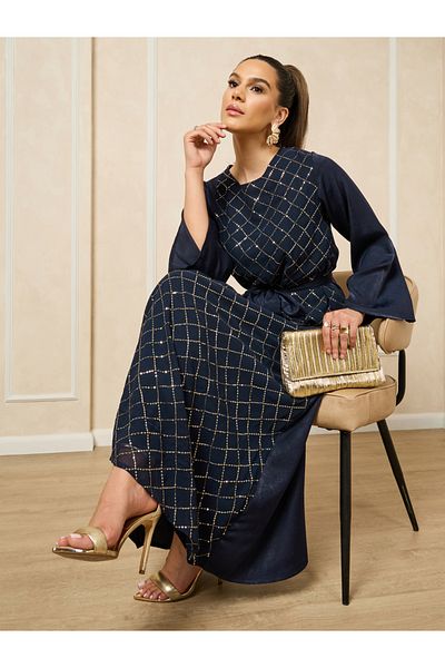 Styli Embroidered Round Neck Waist Tie-Up A-Line Jalabiya