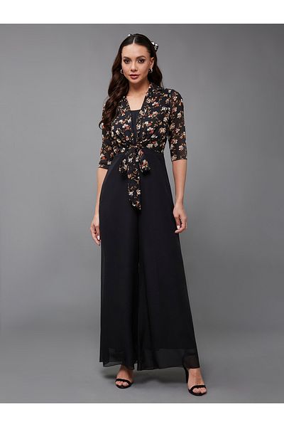 Styli Floral Print Round Neck Wide Leg Jumpsuit with Tie-Up Detail