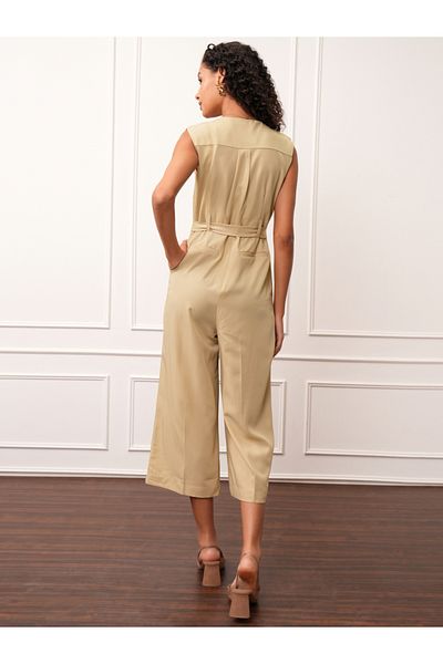 Tokyo Talkies By Styli Solid V-Neck Buttoned Culotte Leg Jumpsuit with Belt