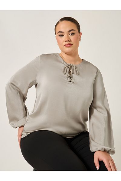 Styli Plus Size Balloon Sleeve Blouse with Tie Up Neck Detail