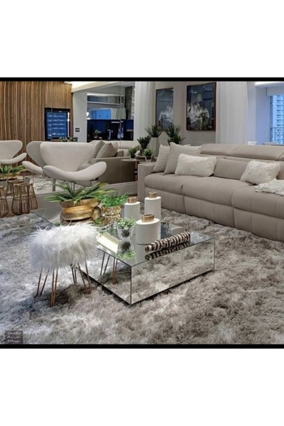 LUXURY VİLLA Komple Gümüş Aynalı Tekerlekli Orta Sehpa 80x80 Yükseklik 28cm