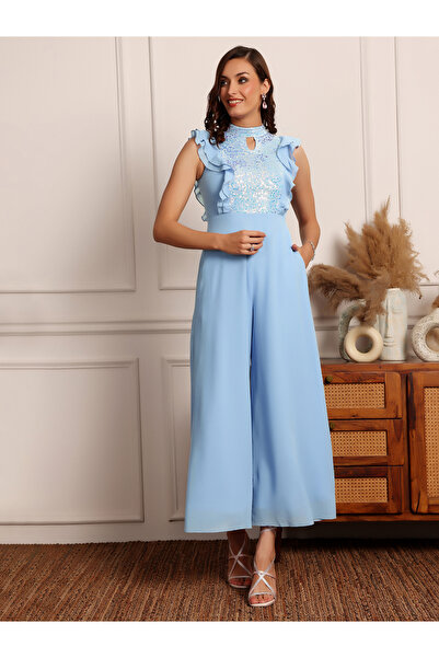 Styli Embellished Key-Hole Neck Sleeveless Ruffle Detail Jumpsuit