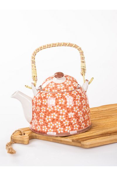 MUKKO HOME Wicker Handle Porcelain Teapot with Flower Pattern, 900ml Tea, Coffee, Herbal Tea Presentation