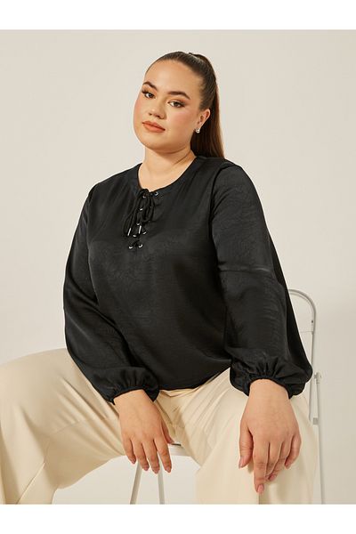 Styli Plus Size Satin Balloon Sleeve Tie-Up Detail Blouse