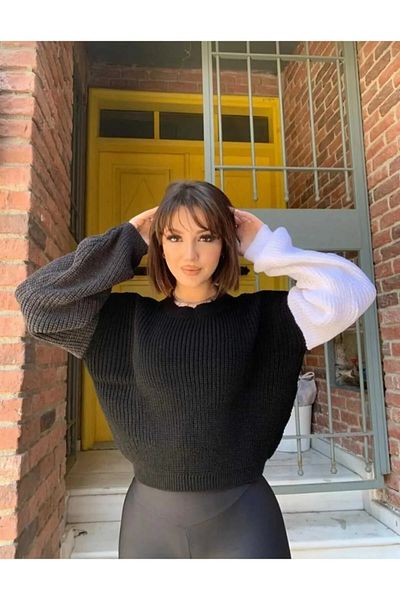 K-ODEA BUTİK Pulover din tricot cu mâneci cu balon – Pulover supradimensionat de culoare alb gri negru, elegant și confortabil